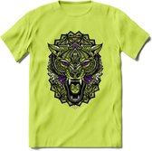 Wolf - Dieren Mandala T-Shirt | Paars | Grappig Verjaardag Zentangle Dierenkop Cadeau Shirt | Dames - Heren - Unisex | Wildlife Tshirt Kleding Kado | - Groen - 3XL