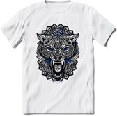 Wolf - Dieren Mandala T-Shirt | Donkerblauw | Grappig Verjaardag Zentangle Dierenkop Cadeau Shirt | Dames - Heren - Unisex | Wildlife Tshirt Kleding Kado | - Wit - XXL