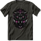 Wolf - Dieren Mandala T-Shirt | Roze | Grappig Verjaardag Zentangle Dierenkop Cadeau Shirt | Dames - Heren - Unisex | Wildlife Tshirt Kleding Kado | - Donker Grijs - L