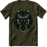 Uil - Dieren Mandala T-Shirt | Groen | Grappig Verjaardag Zentangle Dierenkop Cadeau Shirt | Dames - Heren - Unisex | Wildlife Tshirt Kleding Kado | - Leger Groen - XL