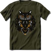 Uil - Dieren Mandala T-Shirt | Geel | Grappig Verjaardag Zentangle Dierenkop Cadeau Shirt | Dames - Heren - Unisex | Wildlife Tshirt Kleding Kado | - Leger Groen - XL