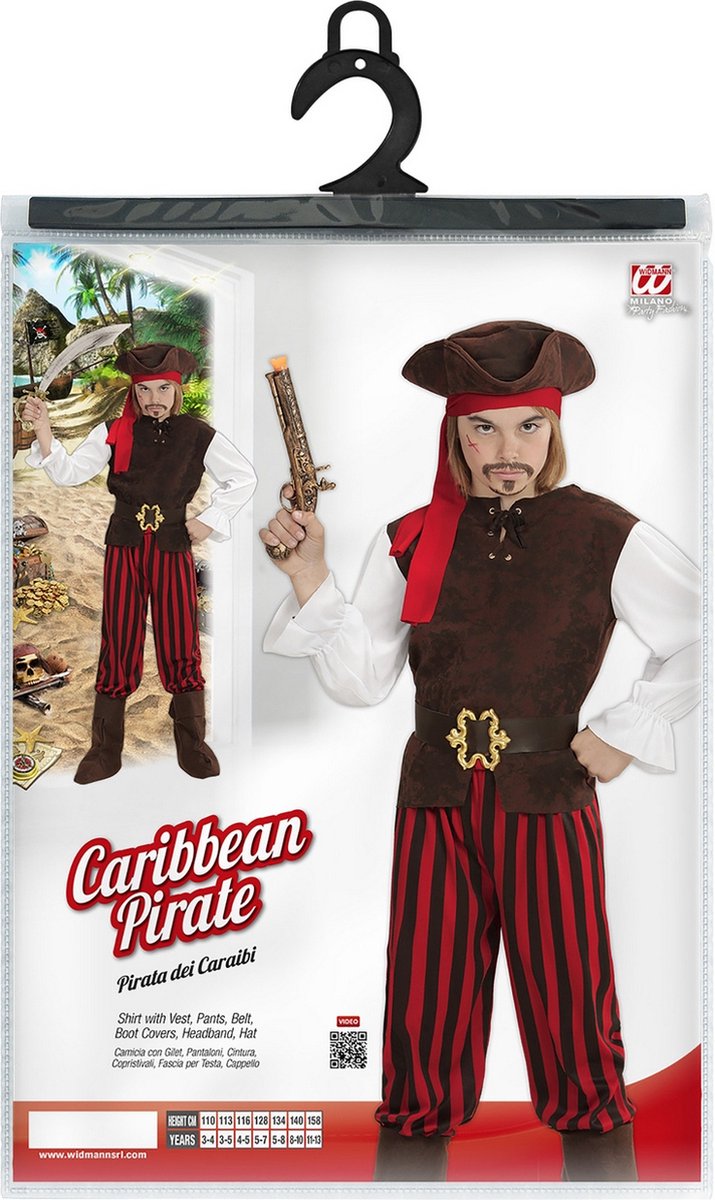 Capitano Pirata dei Caraibi (Camicia con Gilet, Pantaloni con Copristivali,  Cintura, Fascia, Cappello) (158 Cm / 11-13 Years)