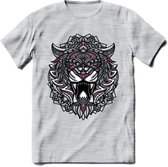 Tijger - Dieren Mandala T-Shirt | Roze | Grappig Verjaardag Zentangle Dierenkop Cadeau Shirt | Dames - Heren - Unisex | Wildlife Tshirt Kleding Kado | - Licht Grijs - Gemaleerd - 3