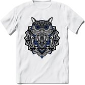 Uil - Dieren Mandala T-Shirt | Donkerblauw | Grappig Verjaardag Zentangle Dierenkop Cadeau Shirt | Dames - Heren - Unisex | Wildlife Tshirt Kleding Kado | - Wit - S