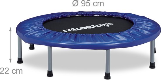 Blauwe fitness trampoline met grijze poten, 95 cm diameter, 22 cm hoog.