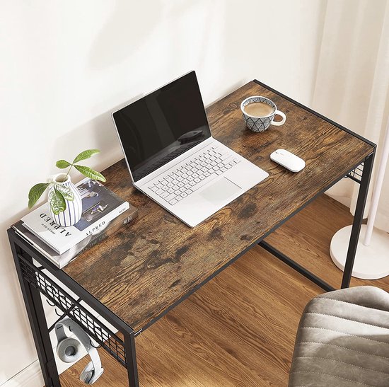 VASAGLE Computertafel, inklapbaar bureau met 8 haken, werkstation, geen gereedschap nodig, industrieel design, voor thuiskantoor, laptop en pc, vintage bruin-zwart LWD42X