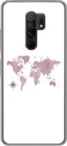Geschikt voor Xiaomi Redmi 9 hoesje - Wereldkaart - Roze - Vliegtuig - Siliconen Telefoonhoesje