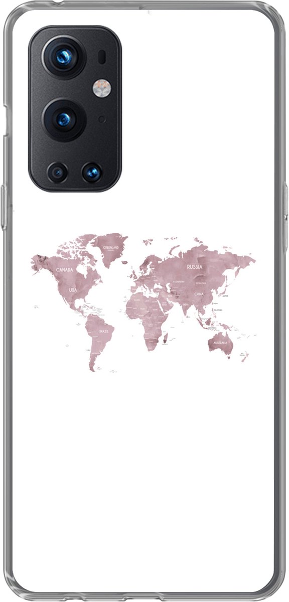 Telefoonhoesje Geschikt voor OnePlus 9 Pro hoesje - Wereldkaart - Roze - Wit - Siliconen Telefoonhoesje Telefoonhoesje