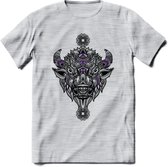 Bizon - Dieren Mandala T-Shirt | Paars | Grappig Verjaardag Zentangle Dierenkop Cadeau Shirt | Dames - Heren - Unisex | Wildlife Tshirt Kleding Kado | - Licht Grijs - Gemaleerd - L