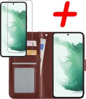 Samsung Galaxy S22 Hoesje Bookcase Met Screenprotector - Samsung Galaxy S22 Case Hoes Cover - Samsung Galaxy S22 Screenprotector - Bruin