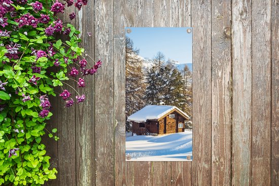 Affiche de jardin Cabane dans les montagnes de Suisse en hiver - 40x80 cm - Décoration murale Outdoor - Affiche de jardin - Toile de jardin - Affiche de clôture - Tableau de jardin