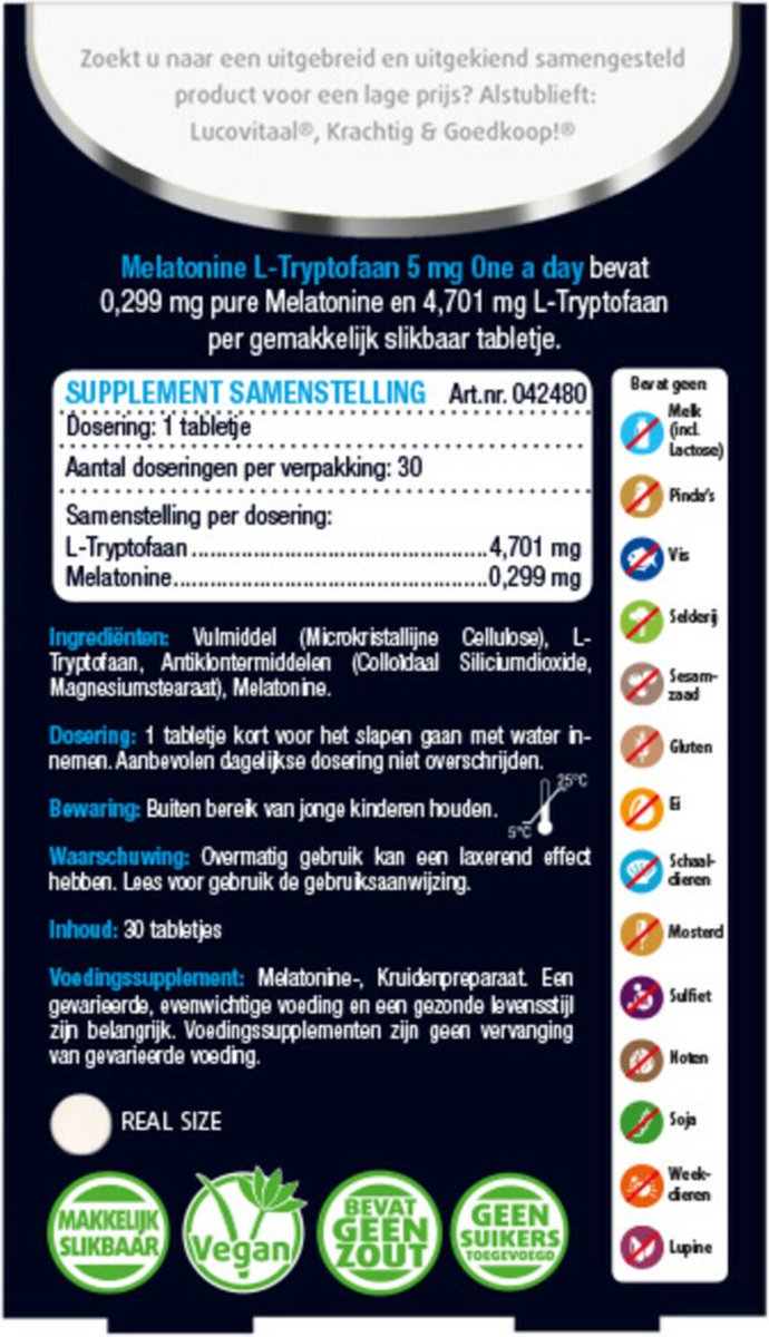 Lucovitaal Melatonine L-Tryptofaan 5mg One a Day Voedingssupplement - 30 tabletten — afbeelding 3