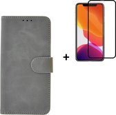 Hoesje iPhone 11 + Screenprotector iPhone 11 - iPhone 11 Hoes Wallet Bookcase Grijs + Full Tempered Glass