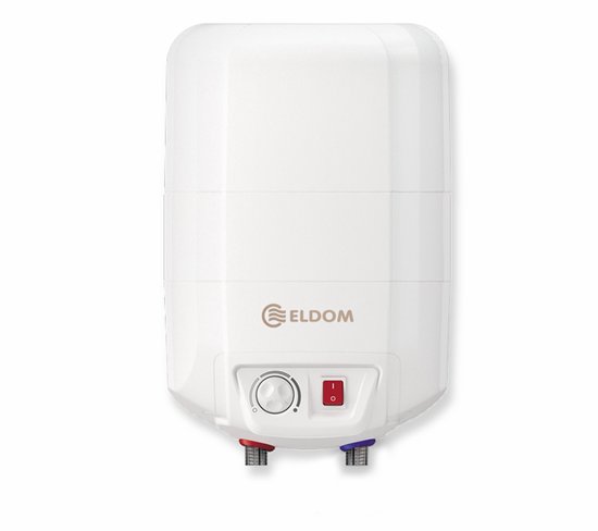 Witte ELDOM boiler met rode schakelaar, draaiknop en twee aansluitingen.