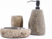 Luxe handgemaakte natuursteen badkamerset riviersteen grijs. Tandenborstelhouder, zeepdispenser en zeepbakje