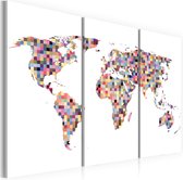 Schilderij - Kaart van de Wereld - pixels - triptiek.