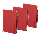 Set van 3x stuks luxe schriften/notitieboekje rood met elastiek en pen A5 formaat - 100x gelinieerde paginas