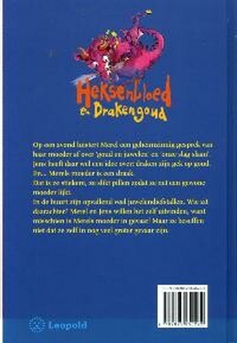 Boek kaft met tekst en een afbeelding van een draak. Titel: Heksenbloed en Drakengoud.