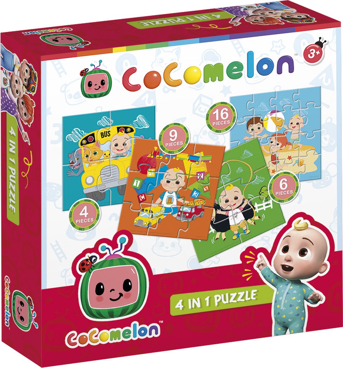 Bambolino Toys - Cocomelon 4 in 1 puzzel - 4+6+9+16 stukjes - kinderpuzzel - leren puzzelen - educatie peuter speelgoed -puzzel 3 jaar en ouder - cadeautip