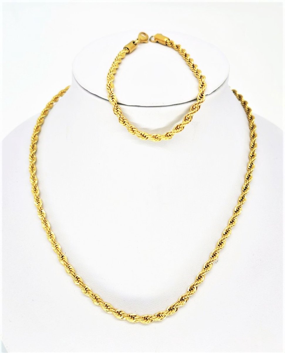 Prachtige - set - RVS - Goudkleurig - ketting L 45 met armband -L 19 cm - gedraaide koord motief.