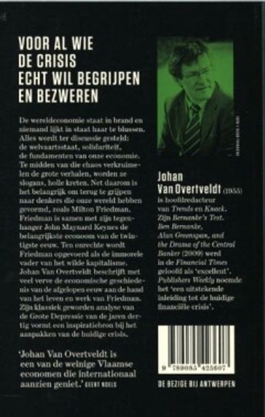 Achterkant van een boek met een portret van Johan Van Overtveldt. De tekst is in het Nederlands.