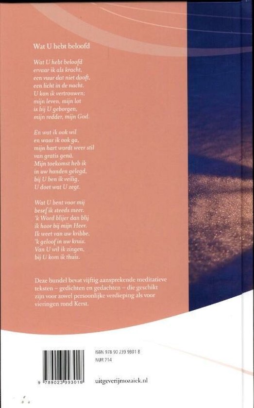 De achterkant van het boek 'Het Licht roept in de nacht'. Tekst in het Nederlands met een roze en bruine achtergrond.