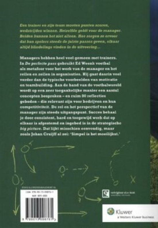 Groene kaft met een voetbaltactiek op de achterkant. Tekst over management en voetbal.