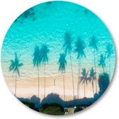 Dronefoto van de weerspiegelingen van de palmbomen in het turquoise water van de zee - Muurcirkel Forex 70cm | Wandcirkel voor binnen - Besteposter - Landschap - Natuur