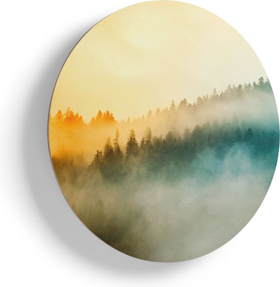 Artaza Houten Muurcirkel - Kleurrijke Zonsopgang In Het Bos Met Mist - Ø 40 cm - Klein - Multiplex Wandcirkel - Rond Schilderij
