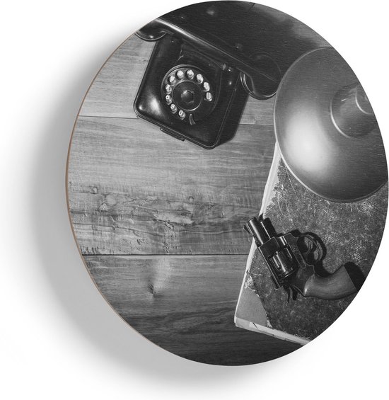 Artaza Cercle Mural en Bois - Ancienne Table de Bureau Avec Un Pistolet Et Un Chapeau - Ø 40 cm - Klein - Cercle Mural en Contreplaqué - Tableau Rond