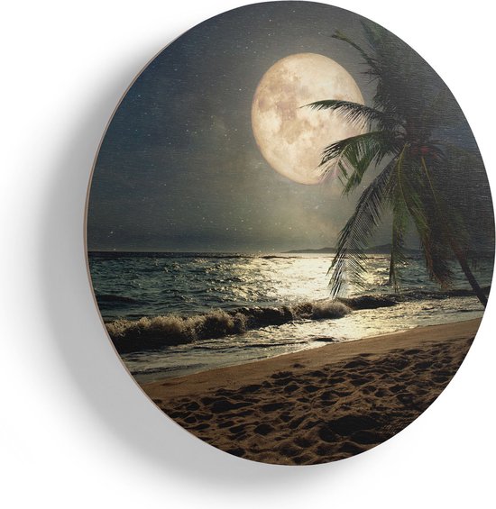 Artaza Houten Muurcirkel - Tropisch Strand In De Nacht Met Volle Maan - Ø 65 cm - Multiplex Wandcirkel - Rond Schilderij