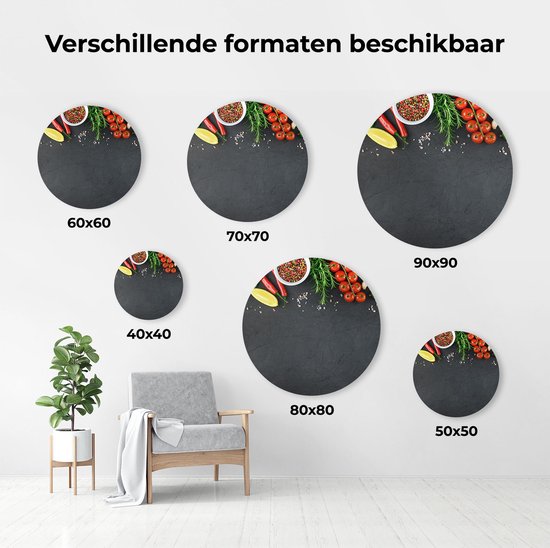 Artaza Cercle mural Dibond Herbes avec légumes sur assiette noire - Ø 70 cm - Cercle mural - Peinture ronde - Pour intérieur et extérieur