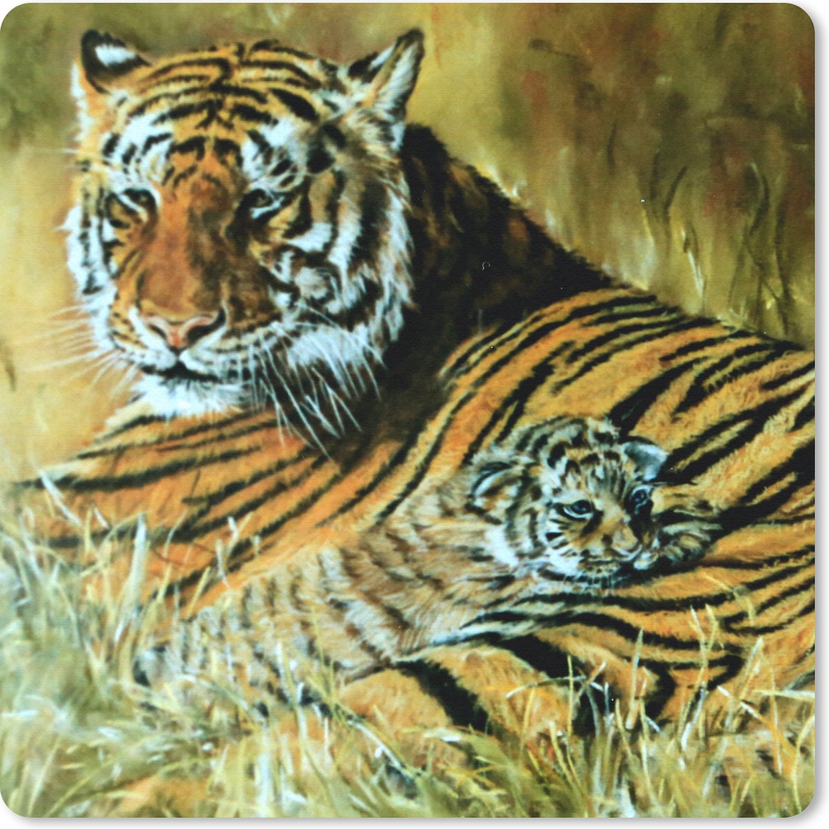 Muismat 30x30 cm - Mousepad Olieverfschilderij Tijger en haar jong - Muismatten