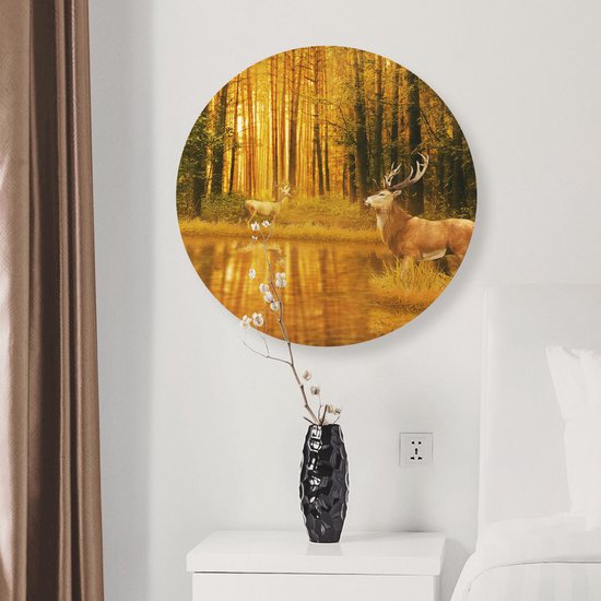 Cercle Mural Artaza Dibond - Deux Cerfs Dans La Forêt Près De L' Water - Ø 40 cm - Klein - Cercle Mural - Tableau Rond - Pour Intérieur Et Extérieur