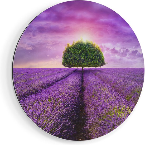 Artaza Dibond Muurcirkel Groene Boom In De Lavendel Bloemen - Ø 40 cm - Klein - Wandcirkel - Rond Schilderij - Voor Binnen en Buiten