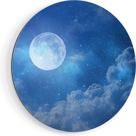 Artaza Dibond Muurcirkel Volle Maan in de Blauwe Hemel met Sterren - Ø 40 cm - Klein - Wandcirkel - Rond Schilderij - Voor Binnen en Buiten