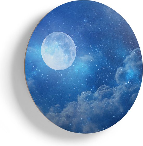 Artaza Houten Muurcirkel - Volle Maan in de Blauwe Hemel met Sterren - Ø 80 cm - Groot - Multiplex Wandcirkel - Rond Schilderij