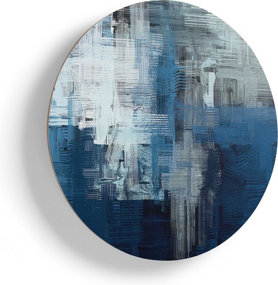 Artaza Houten Muurcirkel - Abstracte Kunst - Blauw Witte Penseelstreken - Ø 75 cm - Multiplex Wandcirkel - Rond Schilderij