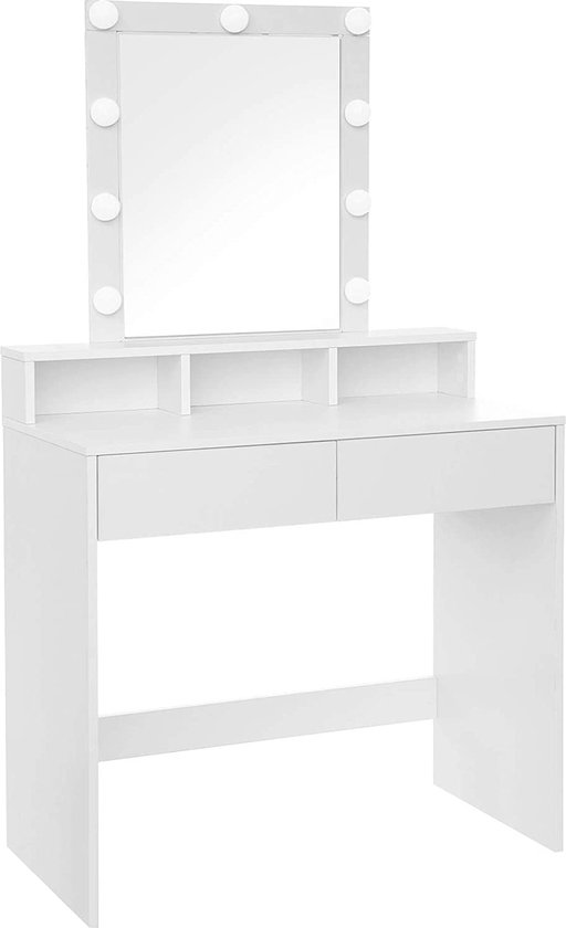 kaptafel make up tafel met spiegel en gloeilampen, cosmetische tafel met 2 lades en 3 open vakken, 80 x 40 x 145 cm wit RDT114W01