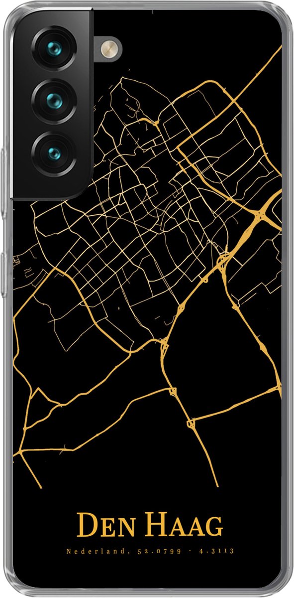 Telefoonhoesje Geschikt voor Samsung Galaxy S22 hoesje - Den Haag - Stadskaart - Black and gold - Siliconen Telefoonhoesje Telefoonhoesje