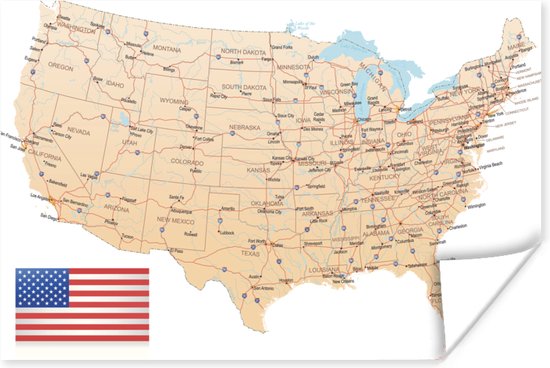 Poster Gedetailleerde landkaart Amerika - 30x20 cm - Kerstversiering - Kerstdecoratie voor binnen - Kerstmis