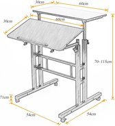 Staande tafel, laptoptafel, in hoogte verstelbaar, met wieltjes, bureau, statafel, bijzettafel, bedtafel op wielen, in hoogte verstelbaar van 70 tot 115 cm, computertafel met wiele