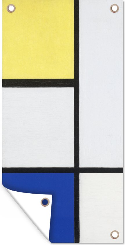 Tuinposter Compositie met geel, blauw en zwart - Piet Mondriaan - 30x60 cm - Tuindoek - Buitenposter