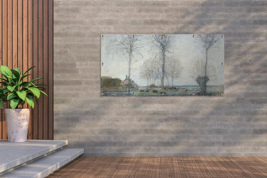 Affiche de clôture Ferme avec trois grands arbres au premier plan - Piet Mondrian - 200x100 cm - Toile jardin