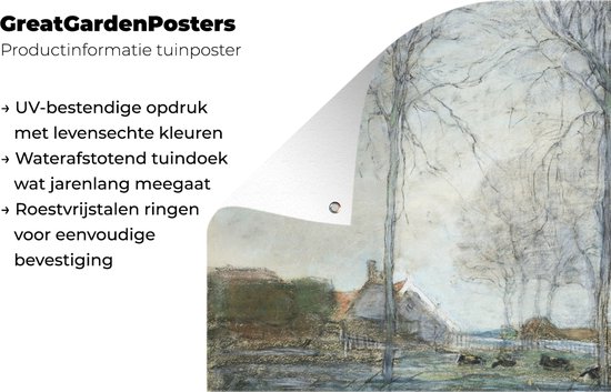 Affiche de clôture Ferme avec trois grands arbres au premier plan - Piet Mondrian - 200x100 cm - Toile jardin