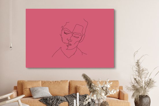 Canvas schilderij 180x120 cm - Wanddecoratie Line art - Man - Roze - Muurdecoratie woonkamer - Slaapkamer decoratie - Kamer accessoires - Schilderijen