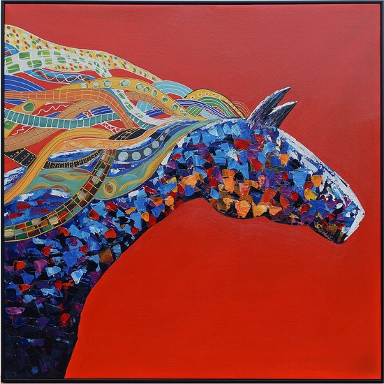 Fine Asianliving Olieverf Schilderij 100% Handgeschilderd 3D met Reliëf Effect en Zwarte Omlijsting 100x100cm Paard Rood