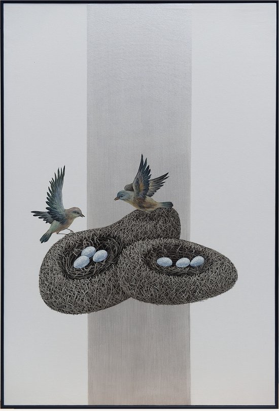 Fine Asianliving Olieverf Schilderij 100% Handgeschilderd 3D met Reliëf Effect en Zwarte Omlijsting 80x120cm Vogels