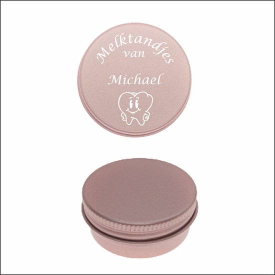 Boîte rose dorée avec inscription 'Melktandjes van Michael' et une petite dent souriante.