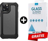 Backcover Shockproof Carbon Hoesje iPhone 11 Pro Max Zwart - Gratis Screen Protector - Telefoonhoesje - Smartphonehoesje